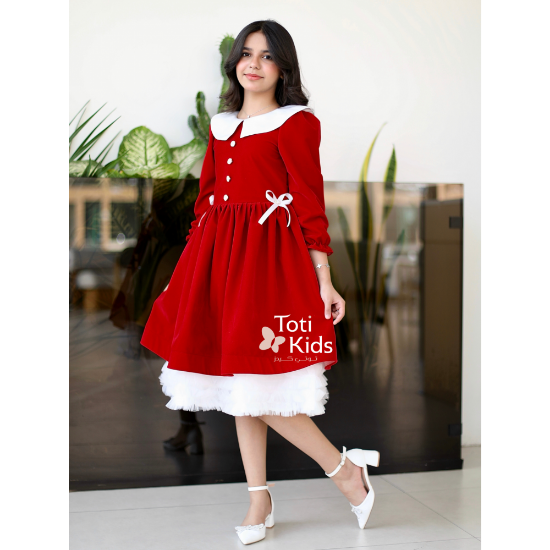 صورة فستان بناتي مخمل أحمر بياقة بيضاء | فستان شتوي بطبقات تل - 1124